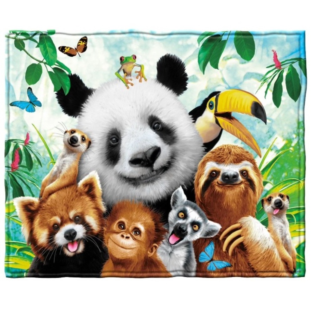 Dawhud Direct Fleece Throw 50x60 Blanket Multicolor Zoo Animals Selfie‎ NEW